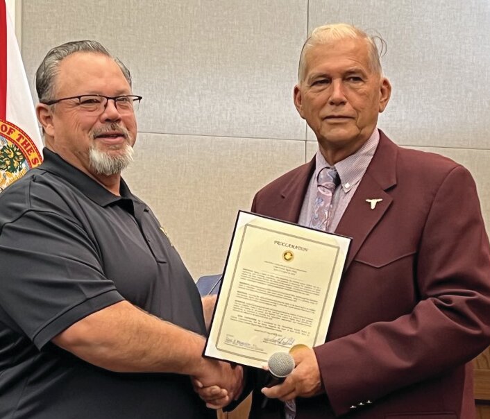 OKEECHOBEE – Okeechobee County Sheriff Noel Stephen accepted the National Crime Victims’ Rights Week Proclamation from County Commission Chairman David Hazellief at the April 27 meeting of the Okeechobee County Board of Commissioners.